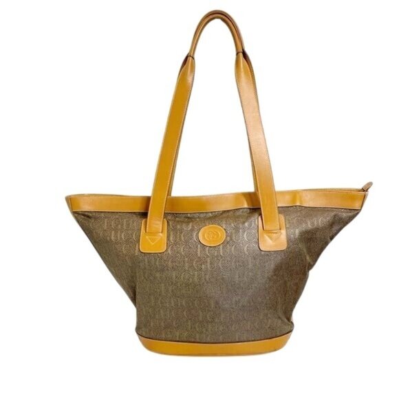 Gucci Vintage Trapezoid Canvas Logo Monogram Tan Gold Leather - Picture 1 of 15